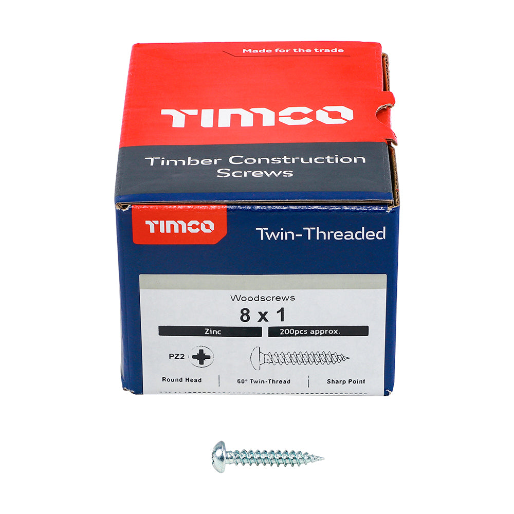 TIMCO Twin-Threaded Round Head Silver Woodscrews - 8 x 1 - Image