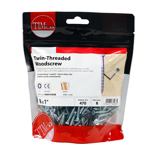 TIMCO Twin-Threaded Countersunk Silver Woodscrews - 8 x 1 - Image