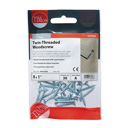 TIMCO Twin-Threaded Countersunk Silver Woodscrews - 8 x 1 - Image