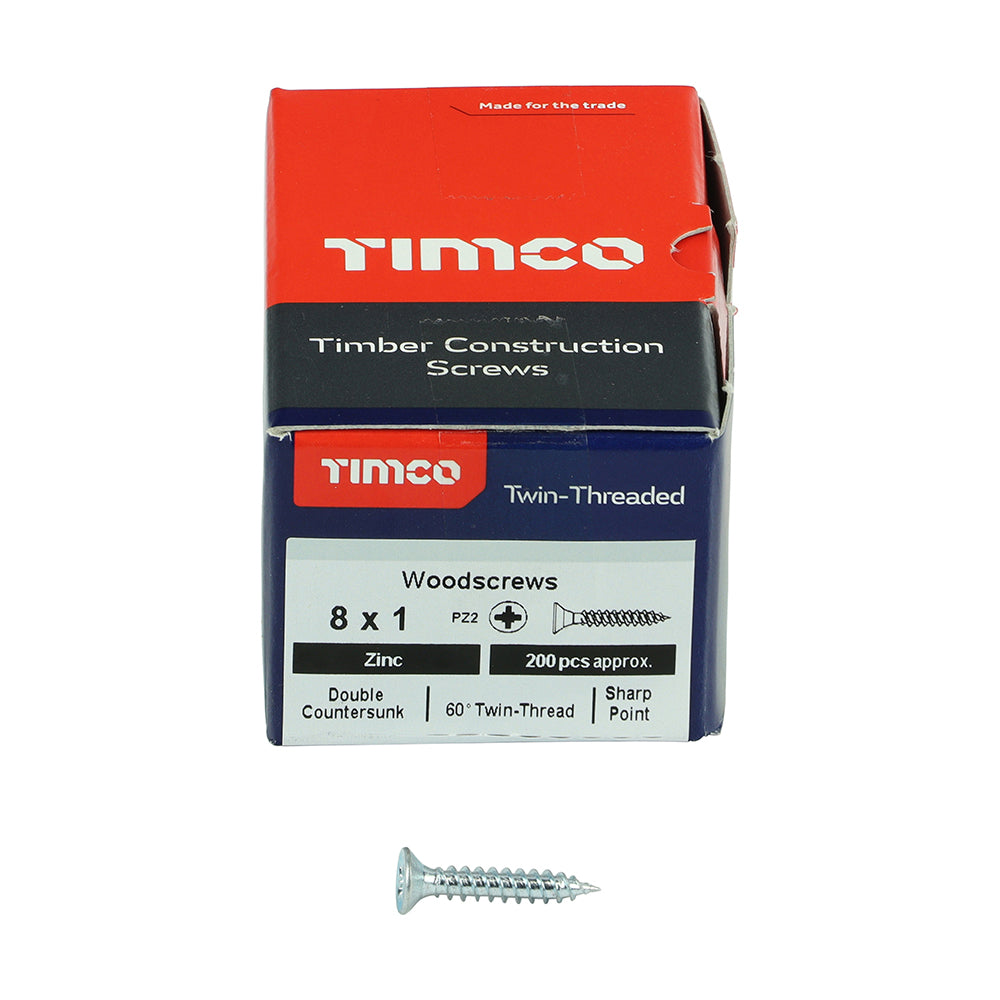 TIMCO Twin-Threaded Countersunk Silver Woodscrews - 8 x 1 - Image