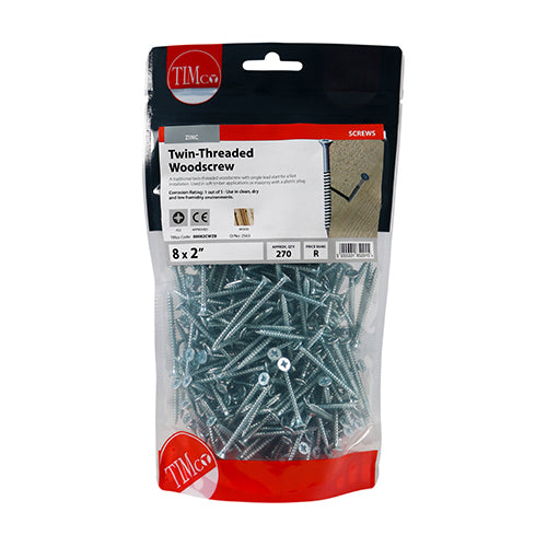 TIMCO Twin-Threaded Countersunk Silver Woodscrews - 8 x 2 - Image