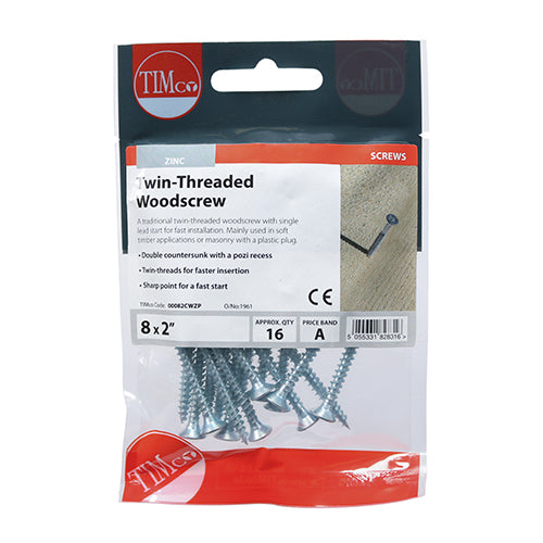 TIMCO Twin-Threaded Countersunk Silver Woodscrews - 8 x 2 - Image