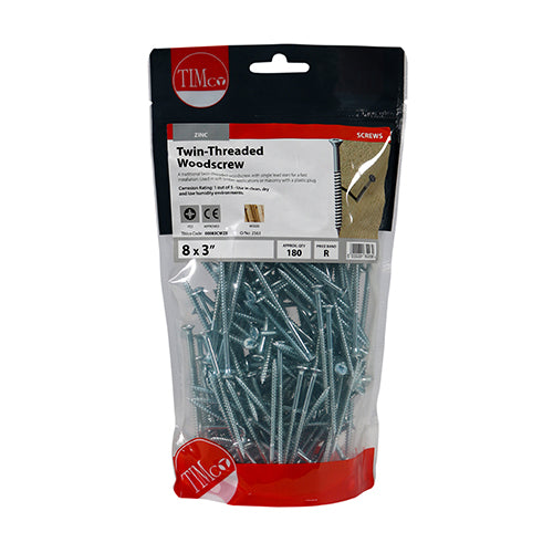 TIMCO Twin-Threaded Countersunk Silver Woodscrews - 8 x 3 - Image