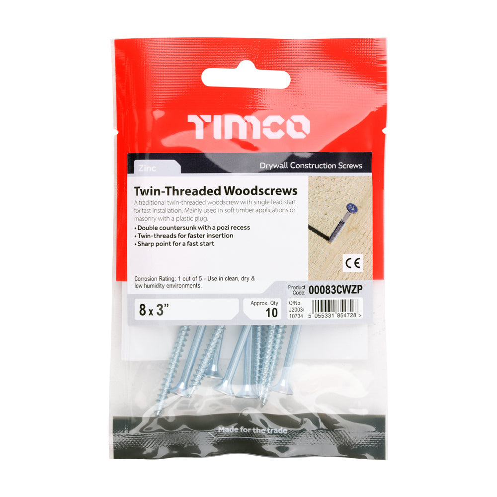 TIMCO Twin-Threaded Countersunk Silver Woodscrews - 8 x 3 - Image