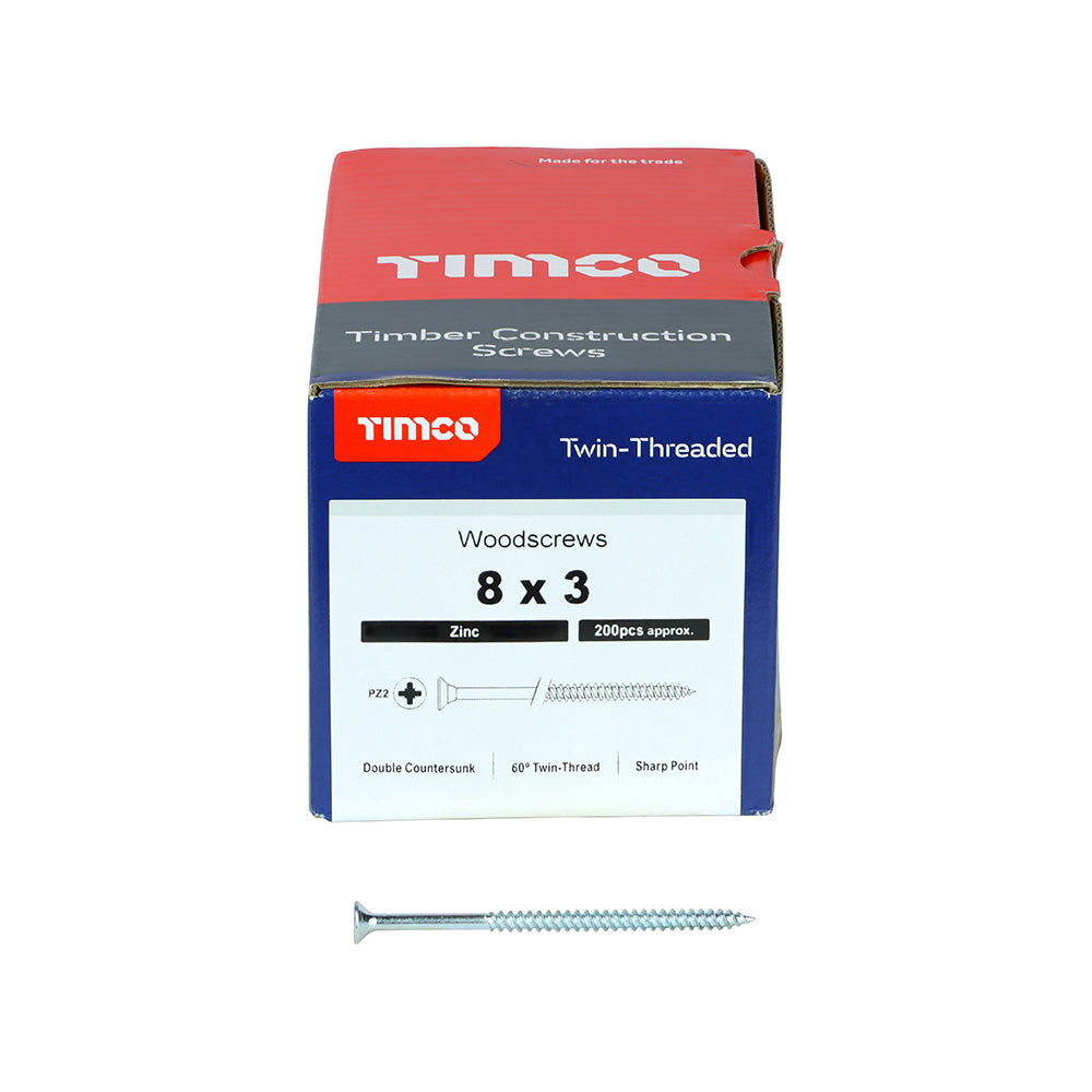 TIMCO Twin-Threaded Countersunk Silver Woodscrews - 8 x 3 - Image