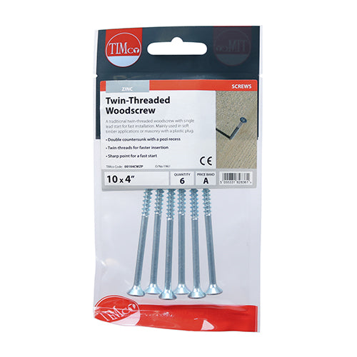 TIMCO Twin-Threaded Countersunk Silver Woodscrews - 10 x 4 - Image