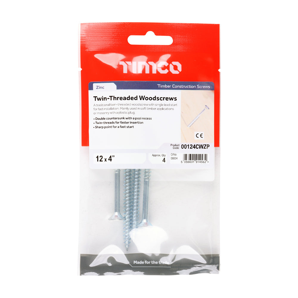 TIMCO Twin-Threaded Woodscrews - PZ - Double Countersunk - Zinc - 12 x 4 - Image