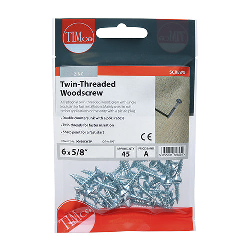 TIMCO Twin-Threaded Countersunk Silver Woodscrews - 6 x 5/8 - Image