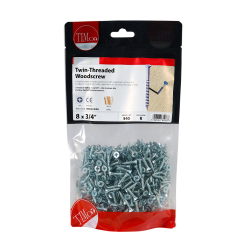 TIMCO Twin-Threaded Countersunk Silver Woodscrews - 8 x 3/4 - Image