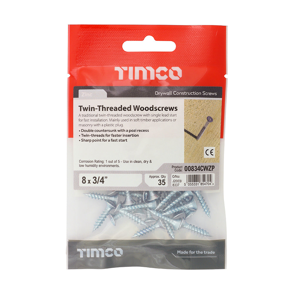 TIMCO Twin-Threaded Countersunk Silver Woodscrews - 8 x 3/4 - Image