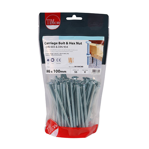TIMCO Carriage Bolts DIN603 & Hex Full Nut DIN934 Silver - M6 x 100 - Image