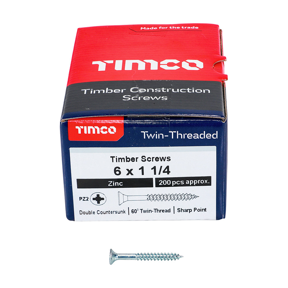 TIMCO Twin-Threaded Countersunk Silver Woodscrews - 6 x 1 1/4 - Image