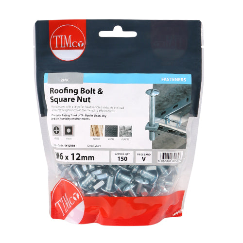 TIMCO Roofing Bolts & Square Nuts Silver - M6 x 12 - Image