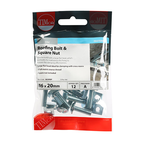 TIMCO Roofing Bolts & Square Nuts Silver - M6 x 20 - Image