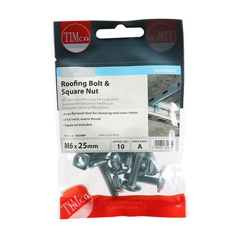 TIMCO Roofing Bolts & Square Nuts Silver - M6 x 25 - Image