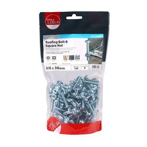 TIMCO Roofing Bolts & Square Nuts Silver - M6 x 30 - Image