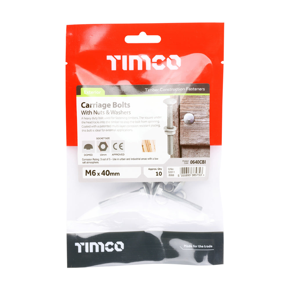 TIMCO Carriage Bolts DIN603, Hex Full Nuts DIN934 & Form A DIN125-A Washer Exterior Silver - M6 x 40 - Image