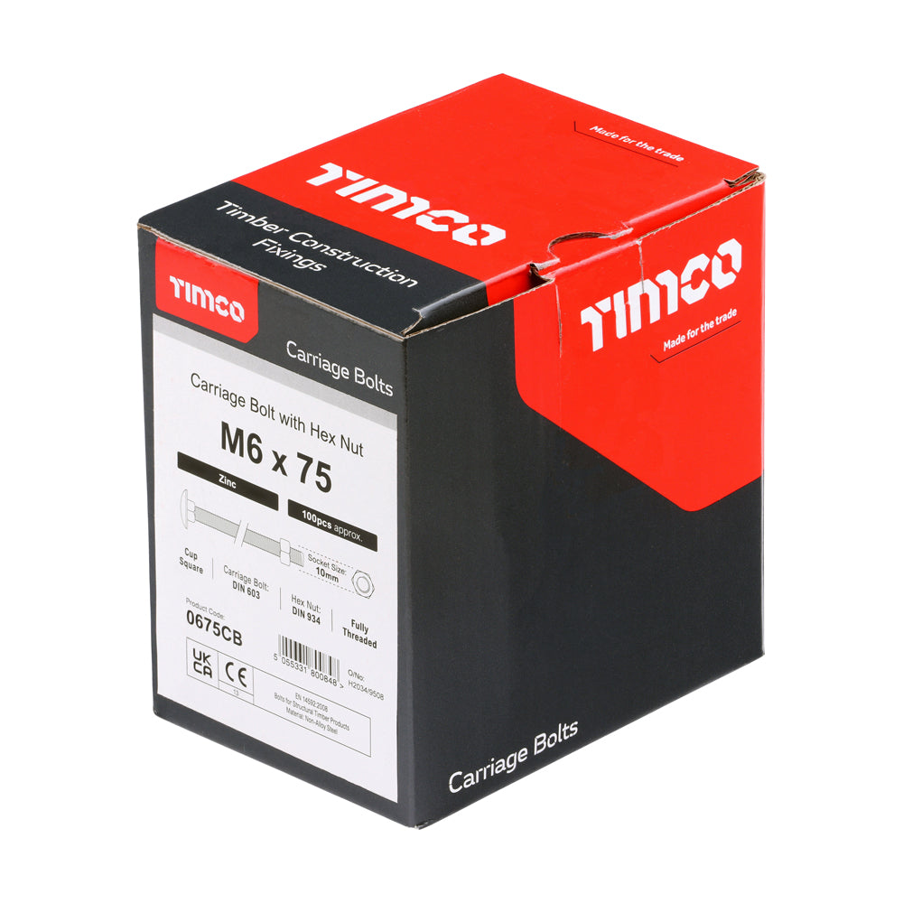 TIMCO Carriage Bolts DIN603 & Hex Full Nuts DIN934 Silver - M6 x 75 - Image