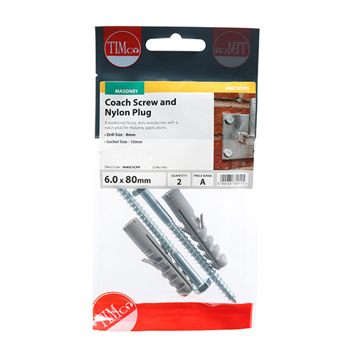 TIMCO Coach Screw & Nylon Plugs Zinc - 6.0 x 80 - Image