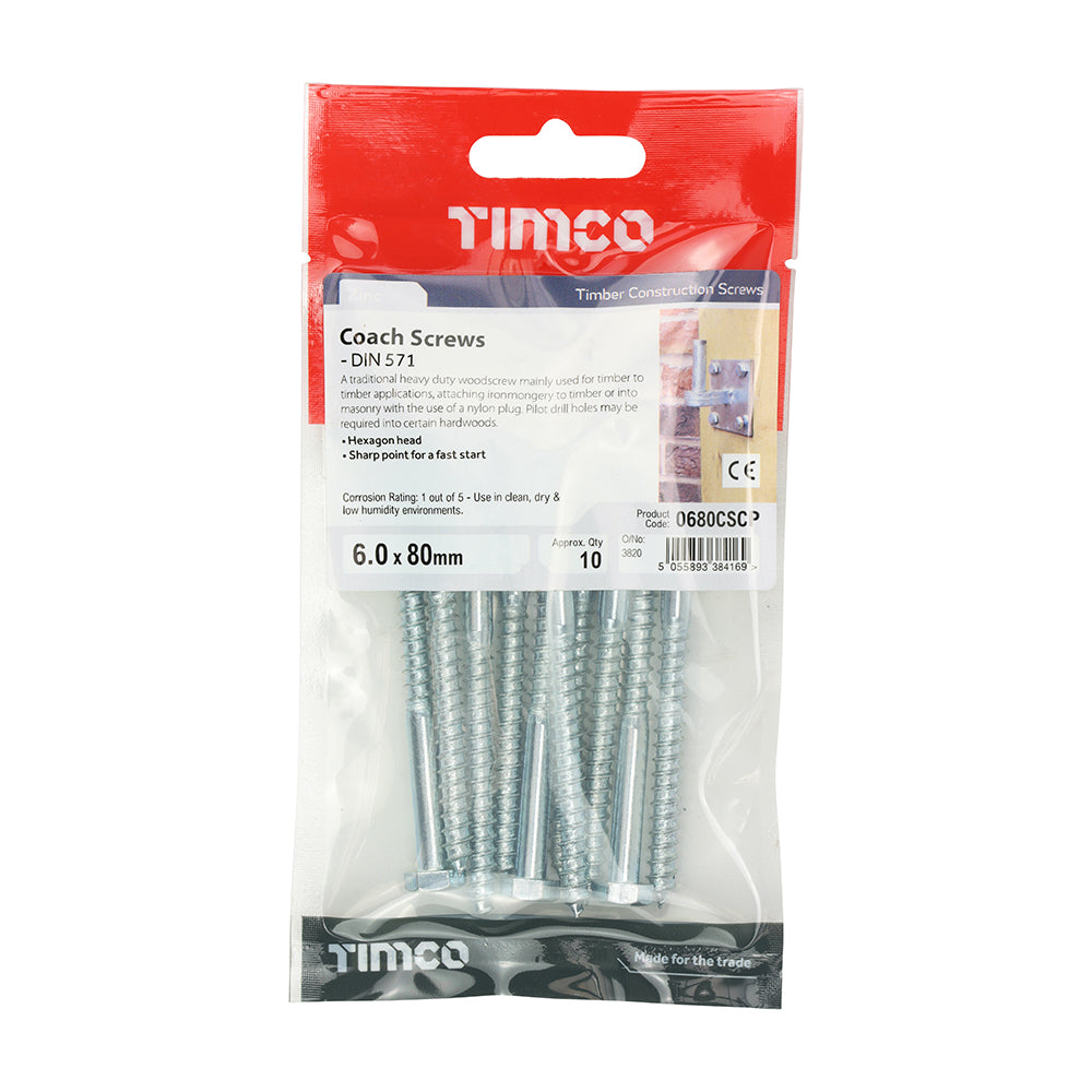 TIMCO Coach Screws Hex Head Silver - 6.0 x 80 - Image