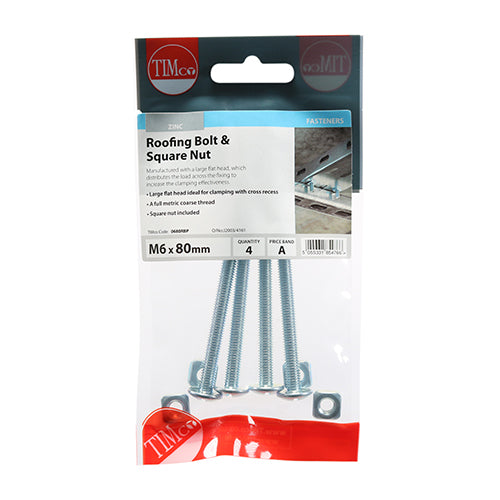 TIMCO Roofing Bolts & Square Nuts Silver - M6 x 80 - Image