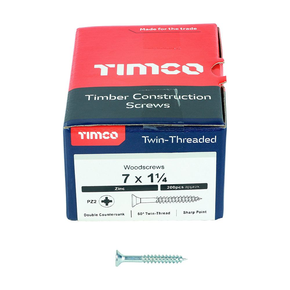 TIMCO Twin-Threaded Countersunk Silver Woodscrews - 7 x 1 1/4 - Image