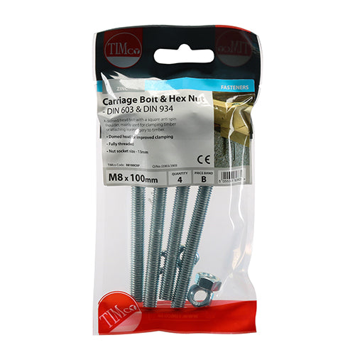 TIMCO Carriage Bolts DIN603 & Hex Full Nut DIN934 Silver - M8 x 100 - Image
