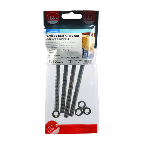 TIMCO Carriage Bolts DIN603 & Hex Full Nut DIN934 A2 Stainless Steel - M8 x 100 - Image