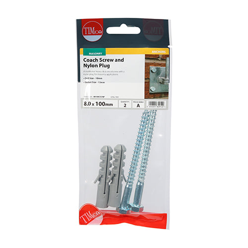 TIMCO Coach Screw & Nylon Plugs Zinc - 8.0 x 100 - Image