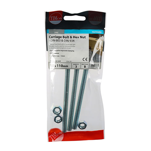 TIMCO Carriage Bolts DIN603 & Hex Full Nut DIN934 Silver - M8 x 110 - Image