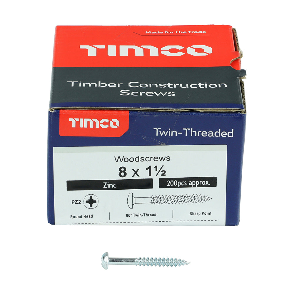 TIMCO Twin-Threaded Round Head Silver Woodscrews - 8 x 11/2 - Image