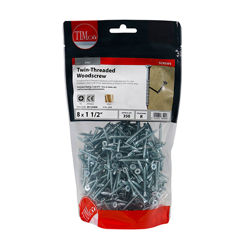 TIMCO Twin-Threaded Countersunk Silver Woodscrews - 8 x 11/2 - Image