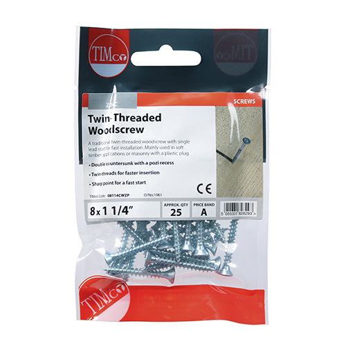 TIMCO Twin-Threaded Countersunk Silver Woodscrews - 8 x 11/4 - Image
