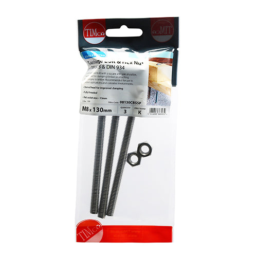 TIMCO Carriage Bolts DIN603 & Hex Full Nut DIN934 A2 Stainless Steel - M8 x 130 - Image