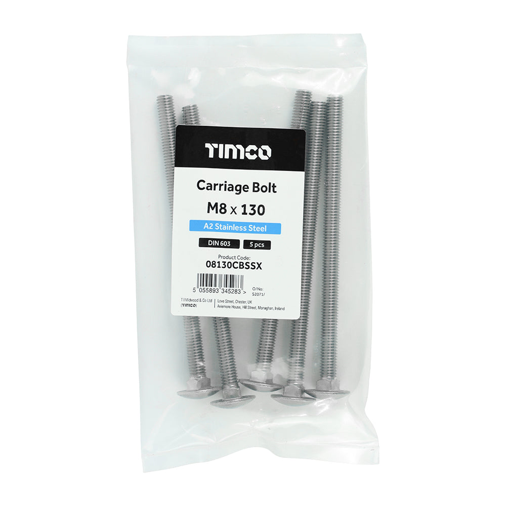 TIMCO Carriage Bolts DIN603 A2 Stainless Steel - M8 x 130 - Image