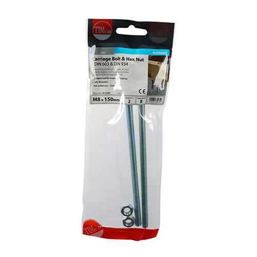 TIMCO Carriage Bolts DIN603 & Hex Full Nut DIN934 Silver - M8 x 150 - Image