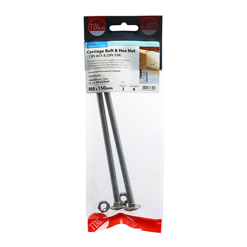 TIMCO Carriage Bolts DIN603 & Hex Full Nut DIN934 A2 Stainless Steel - M8 x 150 - Image