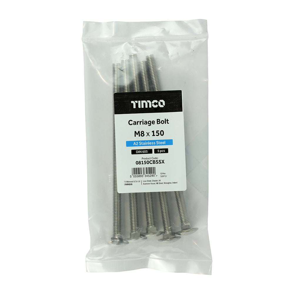 TIMCO Carriage Bolts DIN603 A2 Stainless Steel - M8 x 150 - Image
