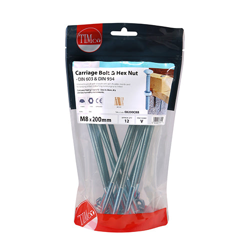 TIMCO Carriage Bolts DIN603 & Hex Full Nut DIN934 Silver - M8 x 200 - Image
