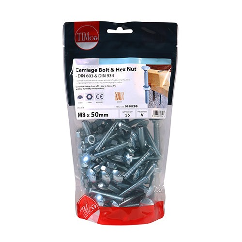 TIMCO Carriage Bolts DIN603 & Hex Full Nut DIN934 Silver - M8 x 50 - Image