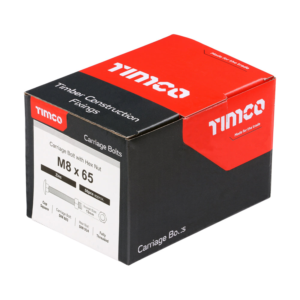 TIMCO Carriage Bolts DIN603 & Hex Full Nuts DIN934 Silver - M8 x 65 - Image