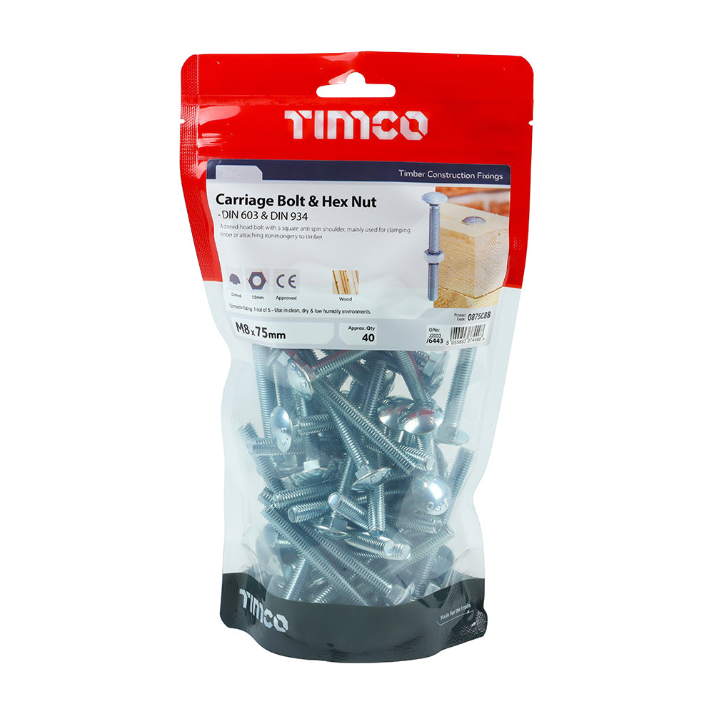 TIMCO Carriage Bolts DIN603 & Hex Full Nut DIN934 Silver - M8 x 75 - Image