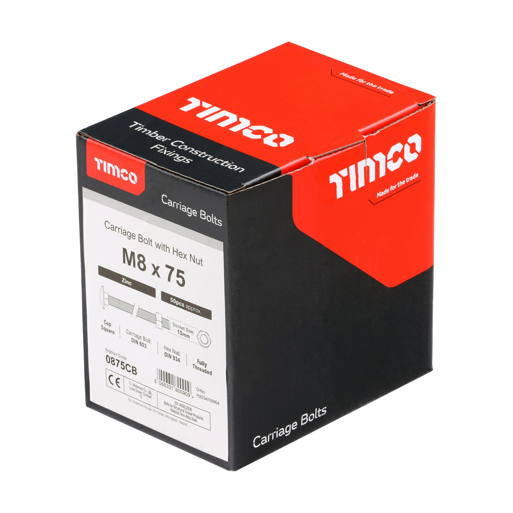 TIMCO Carriage Bolts DIN603 & Hex Full Nuts DIN934 Silver - M8 x 75 - Image