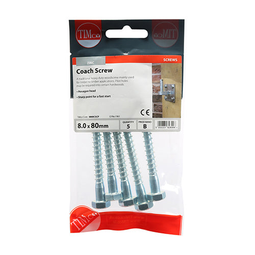 TIMCO Coach Screws Hex Head Silver - 8.0 x 80 - Image