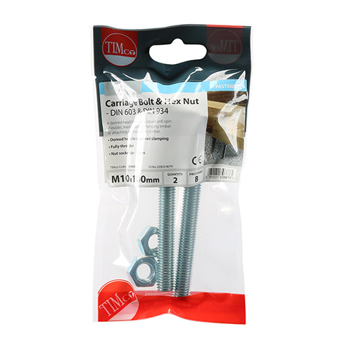 TIMCO Carriage Bolts DIN603 & Hex Full Nut DIN934 Silver - M10 x 100 - Image