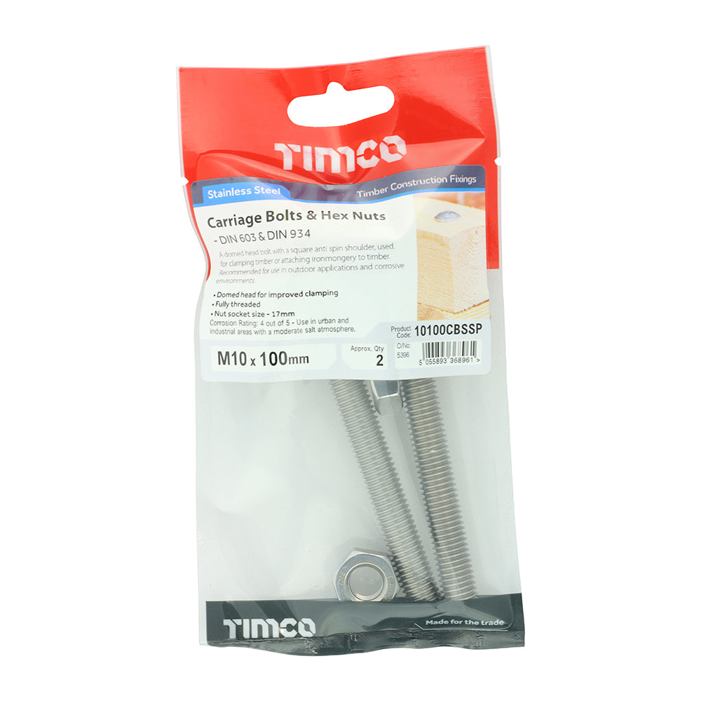 TIMCO Carriage Bolts DIN603 & Hex Full Nut DIN934 A2 Stainless Steel - M10 x 100 - Image