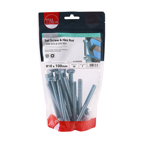 TIMCO Set Screws DIN933 Grade 8.8 & Hex Nut DIN934 Silver - M10 x 100 - Image