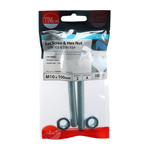 TIMCO Set Screws DIN933 Grade 8.8 & Hex Nut DIN934 Silver - M10 x 100 - Image