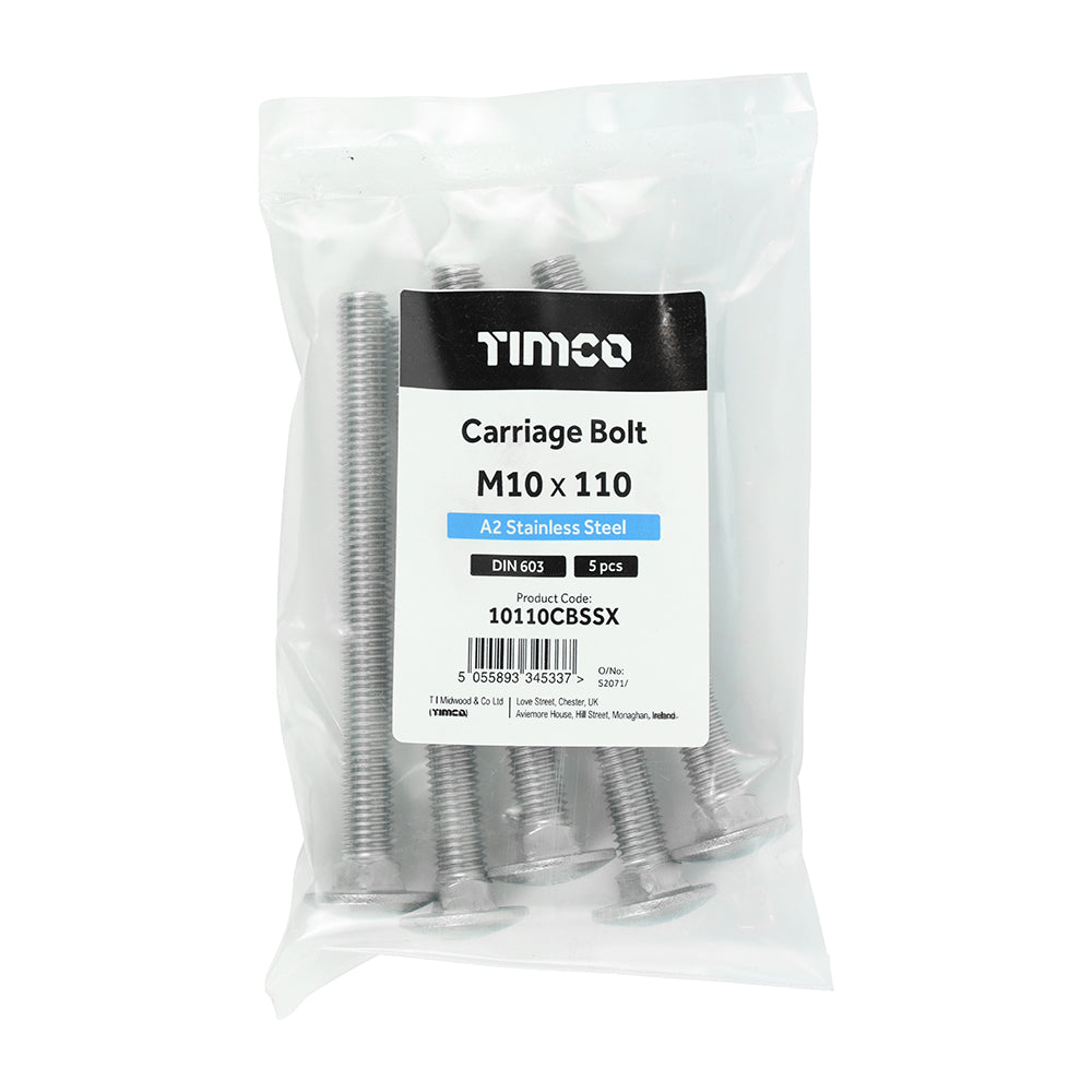 TIMCO Carriage Bolts DIN603 A2 Stainless Steel - M10 x 110 - Image