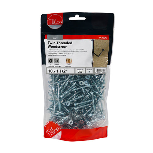 TIMCO Twin-Threaded Countersunk Silver Woodscrews - 10 x 11/2 - Image